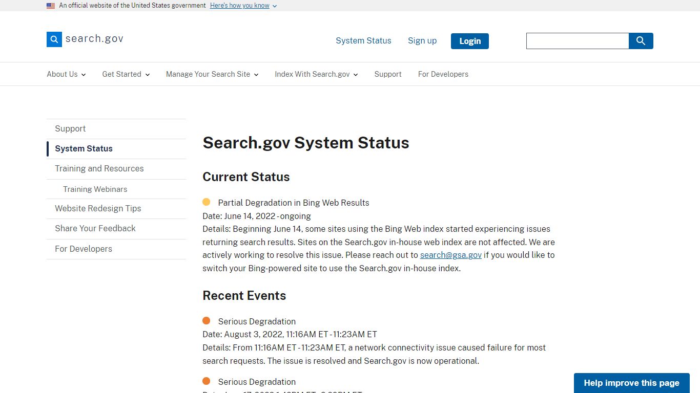 Search.gov System Status | Search.gov