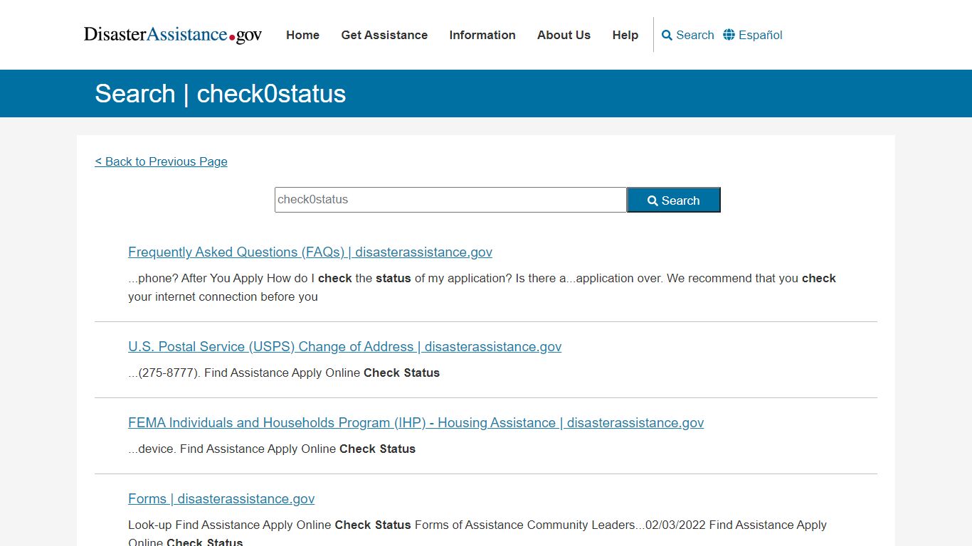 Search | check status | disasterassistance.gov